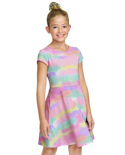 Girls Short Sleeve Print Knit Skater Dress