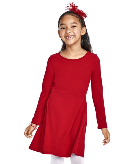 Girls Long Sleeve Valentine's Day Heart Knit Cut Out Skater Dress