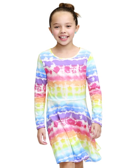 Girls Long Sleeve Print Knit Skater Dress