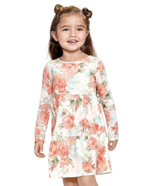Baby And Toddler Girls Long Sleeve Floral Print Knit Tiered Dress
