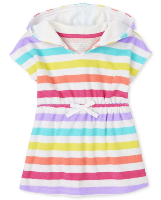 Baby And Toddler Girls Short Sleeve Rainbow Striped Terry Hooded Cover Up