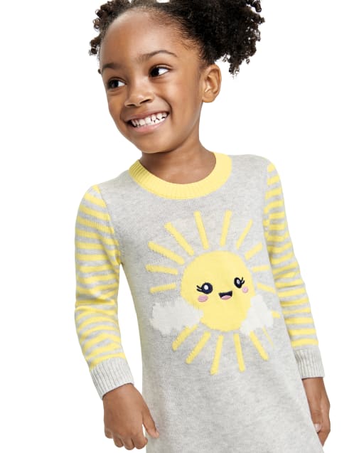 Baby And Toddler Girls Long Striped Sleeves Sun Graphic Knit Sweater Dress