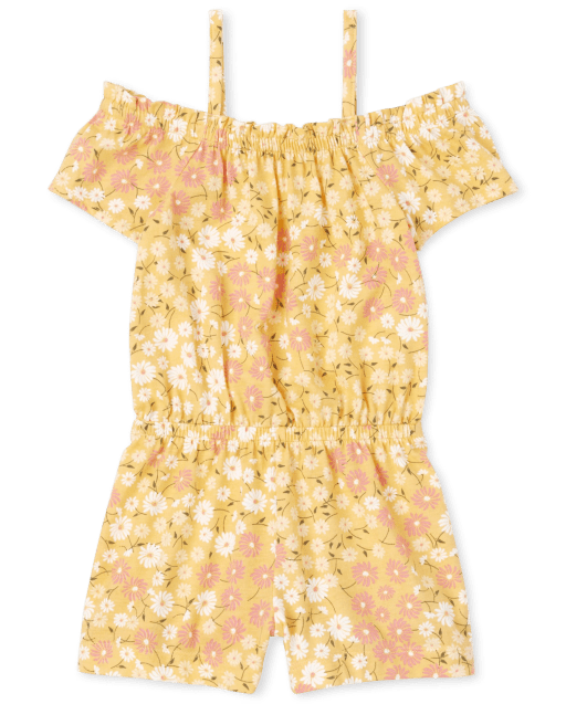Baby And Toddler Girls Short Sleeve Floral Print Knit Off Shoulder Romper