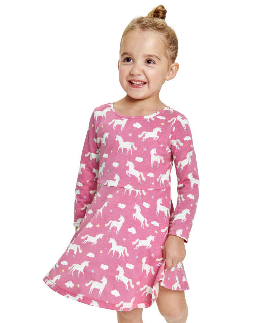 Baby And Toddler Girls Long Sleeve Unicorn Print Knit Skater Dress