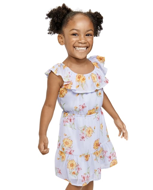 Toddler Girls Mommy And Me Short Sleeve Floral Print Woven Ruffle Matching Dress