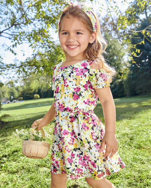 Baby And Toddler Girls Short Sleeve Floral Print Woven Cold Shoulder Dress
