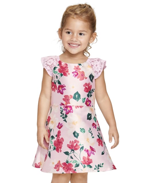 Toddler Girls Short Sleeve Floral Print Woven Fit And Flare Dress