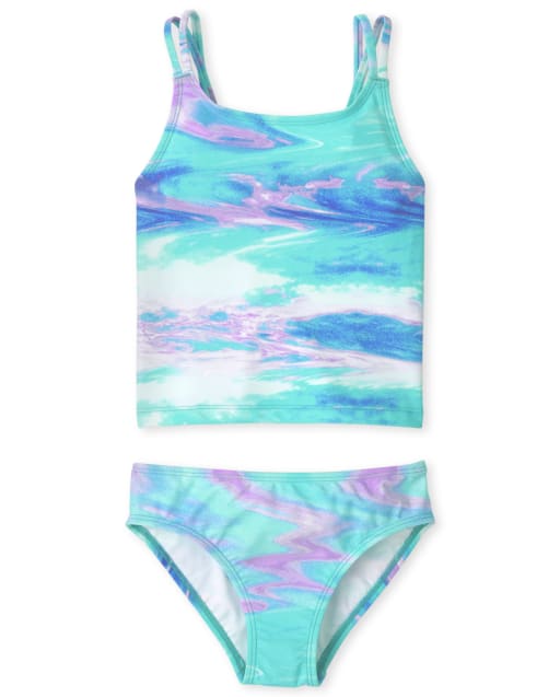 Girls Sleeveless Marble Print Tankini Swimsuit