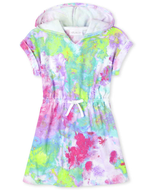 Girls Short Sleeve Tie Dye Terry Hooded Cover Up