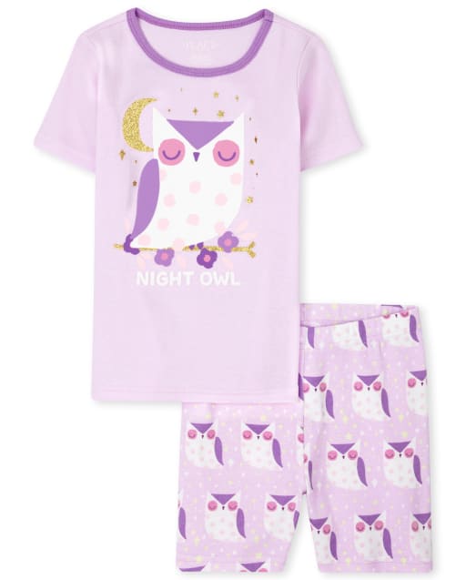 Pijama de algodón ceñido con diseño de búho nocturno y purpurina de manga corta para niñas