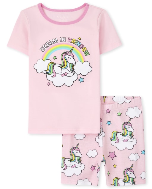 Pijama de algodón de ajuste ceñido con unicornio de manga corta para niñas