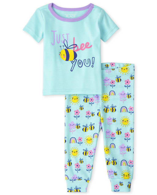 Baby And Toddler Girls Short Sleeve 'Just Bee You' Snug Fit Cotton Pajamas