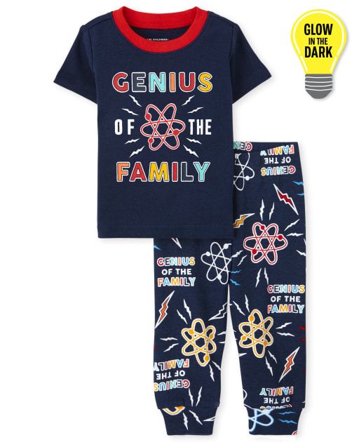 Unisex Baby And Toddler Short Sleeve Glow 'Genius Of The Family' Snug Fit Cotton Pajamas