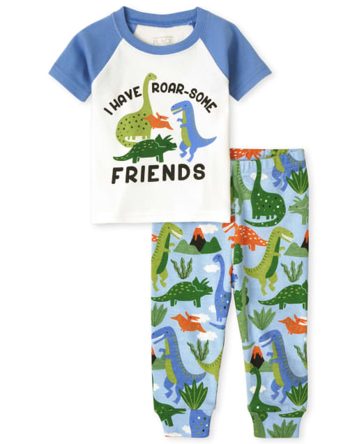Pijama de algodón ajustado con estampado de dinosaurio de manga raglán corta para bebés y niños pequeños 'I Have Roar-Some Friends'