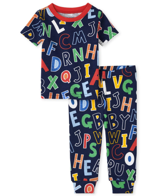Pijama de algodón unisex de manga corta con alfabeto y ajuste ceñido para bebés y niños pequeños