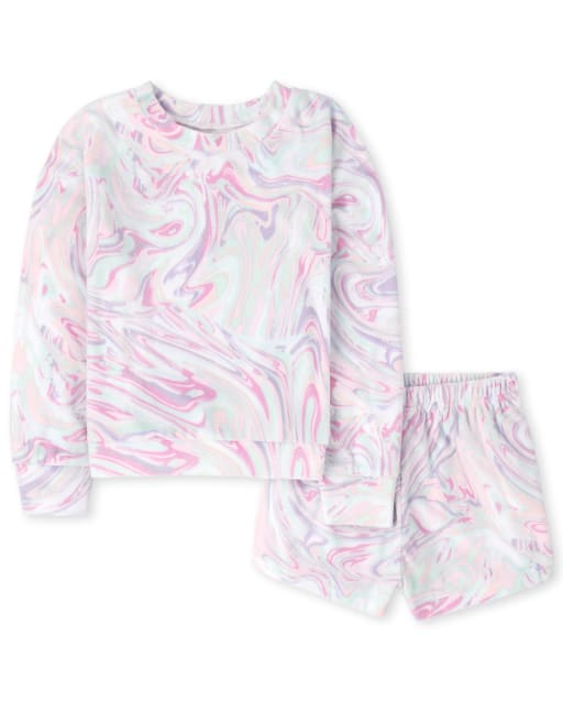 Girls Mommy And Me Long Sleeve Marble Print Velour Pajamas