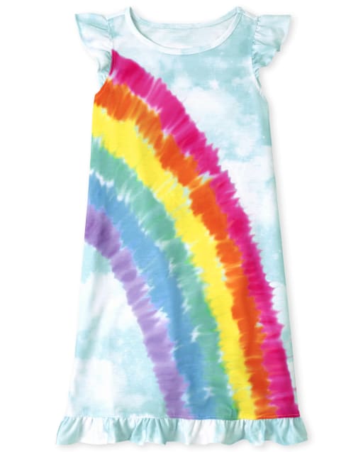 Girls Short Sleeve Rainbow Ruffle Nightgown