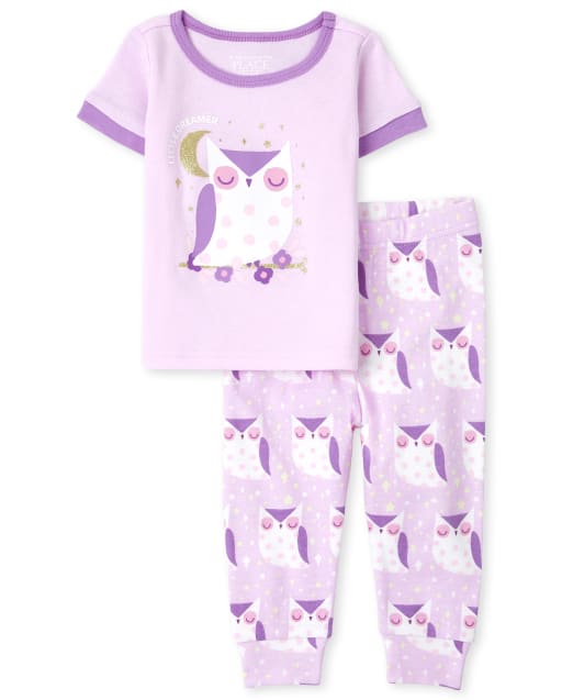 Pyjama en coton ajusté à motif hibou pailleté pour bébés et petites filles
