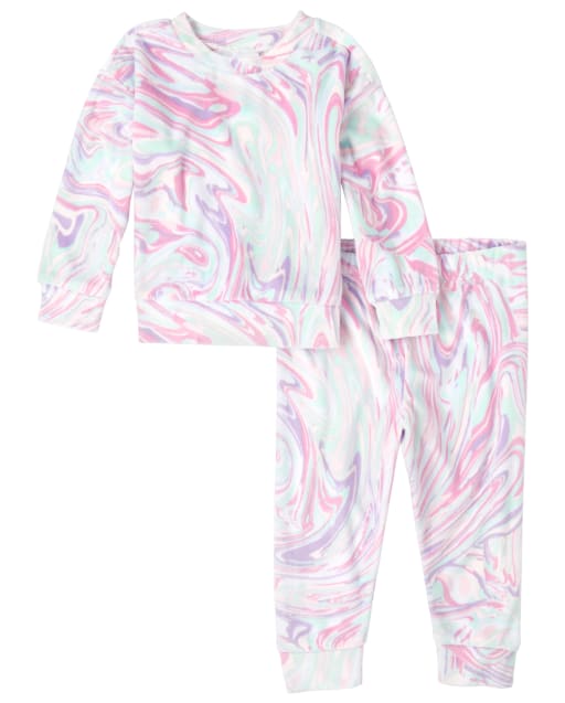 Baby And Toddler Girls Mommy And Me Long Sleeve Marble Print Velour Pajamas