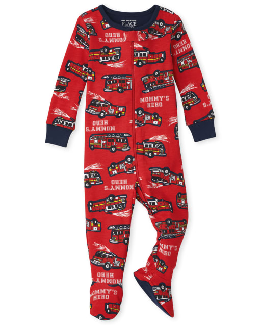 Baby And Toddler Boys Long Sleeve 'Mommy's Hero' Fire Truck Snug Fit Cotton One Piece Pajamas