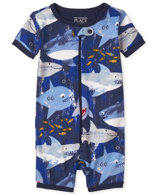 Baby And Toddler Boys Short Sleeve Shark Print Snug Fit Cotton Cropped One Piece Pajamas
