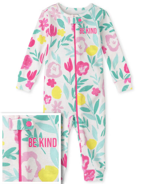 Pijama de una pieza recortado de algodón con estampado floral 'Be Kind' de manga larga para bebés y niñas pequeñas Mamá y yo