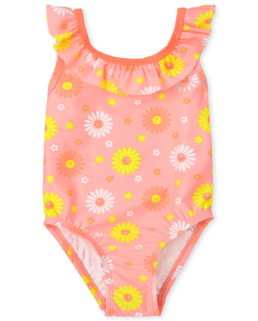 Baby And Toddler Girls Sleeveless Daisy Print Ruffle One Piece Swimsuit