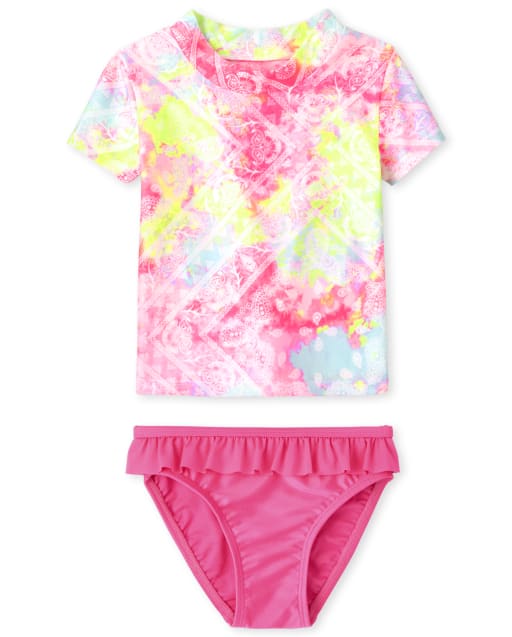 Baby And Toddler Girls Short Sleeve Rainbow Paisley Print Rashguard Swimsuit
