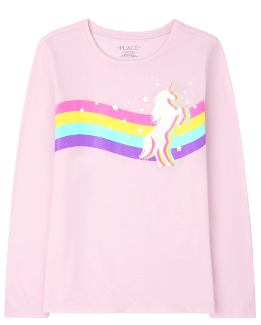 Girls Long Sleeve Rainbow Unicorn Graphic Tee