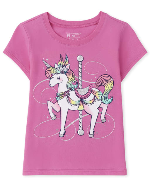 Baby And Toddler Girls Short Sleeve Unicorn Carousel Graphic Tee