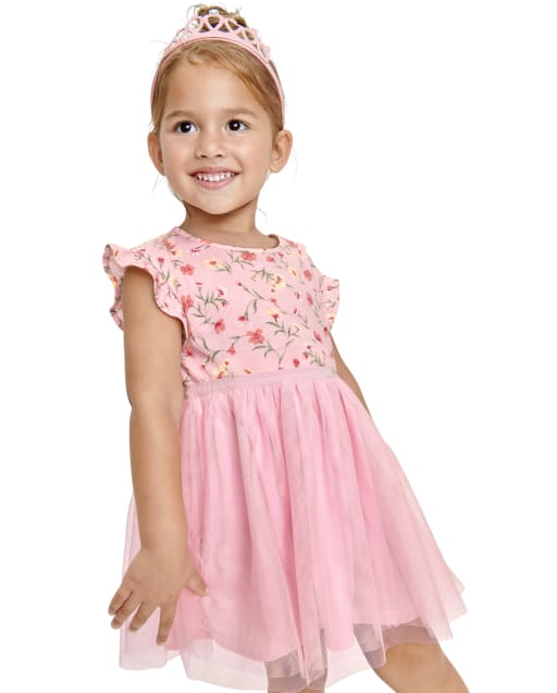 Baby And Toddler Girls Short Sleeve Floral Knit To Woven Dress