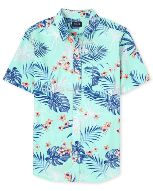 Camisa con botones a juego de popelina con estampado tropical de manga corta para papá y yo para hombre