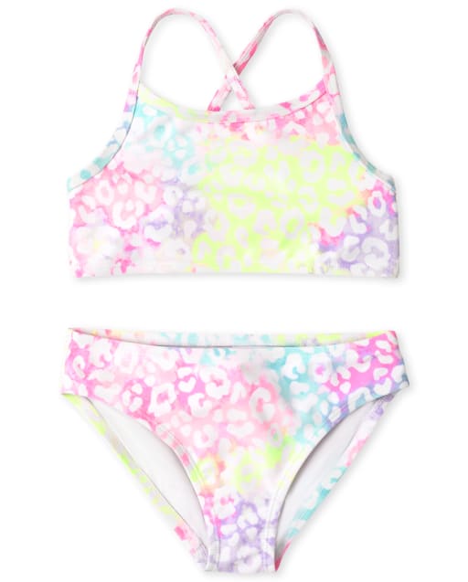 Girls Sleeveless Rainbow Leopard Print Bikini Swimsuit