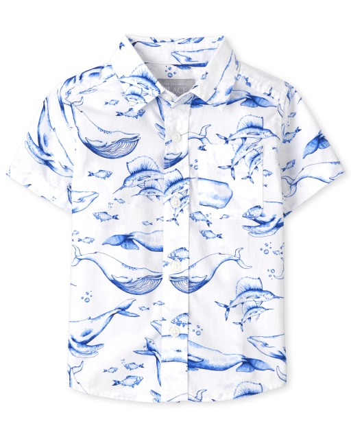 Baby And Toddler Boys Short Sleeve Whale Print Poplin Button Down Shirt