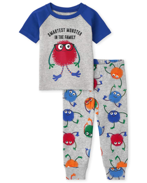 Baby And Toddler Boys Short Raglan Sleeve 'Smartest Monster In The Family' Snug Fit Cotton Pajamas
