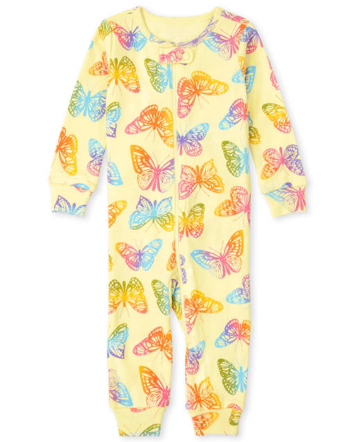 Pijama de una pieza de algodón con ajuste ceñido y mariposa arcoíris de manga larga para bebés y niñas pequeñas