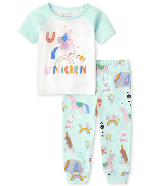 Baby And Toddler Girls Short Raglan Sleeve 'U Is For Unicorn' Snug Fit Cotton Pajamas
