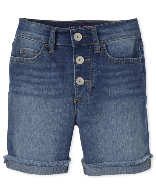 Shorts midi de mezclilla de cintura alta con botones en la parte delantera para niñas