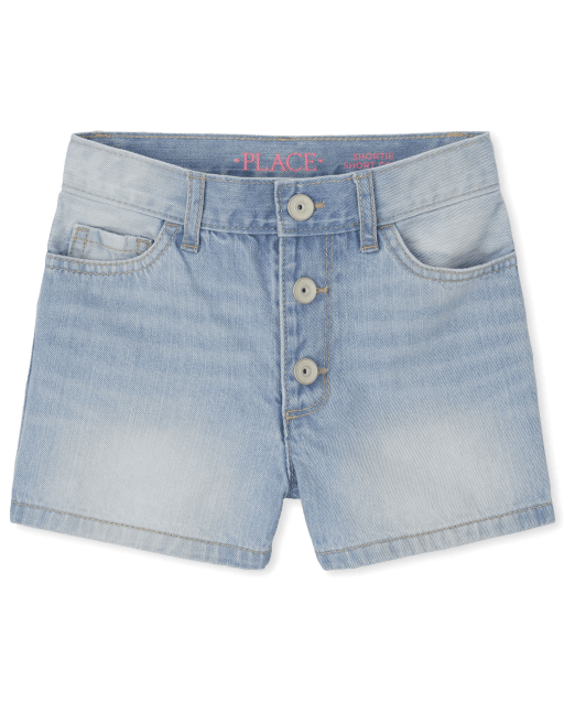 Shorts de mezclilla de cintura alta con botones en la parte delantera para niñas