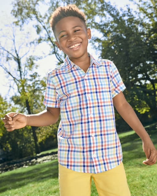 Boys Plaid Poplin Button Up Shirt