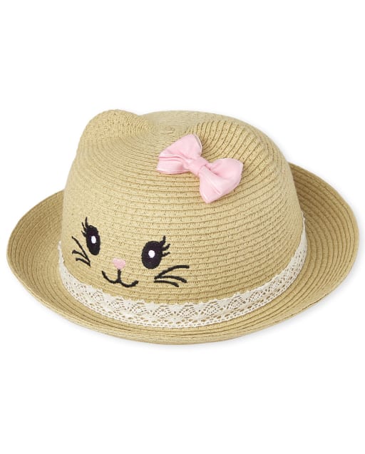 Sombrero de paja con diseño de gato para niñas pequeñas