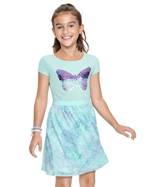 Girls Short Sleeve Butterfly Graphic Knit To Woven Dress