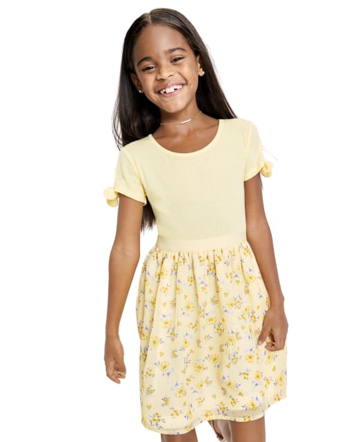 Girls Floral Ribbed Knit To Woven Dress