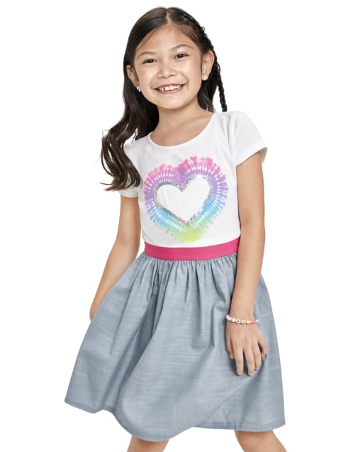 Girls Short Sleeve Heart Graphic Chambray Knit To Woven Dress