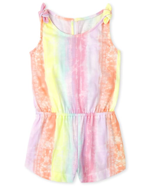 Baby And Toddler Girls Sleeveless Rainbow Striped Knit Bow Romper