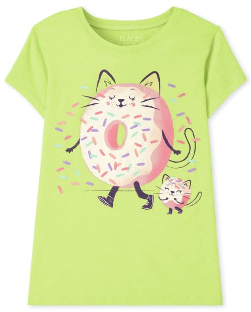 Girls Short Sleeve Cat Doughnut Graphic Tee