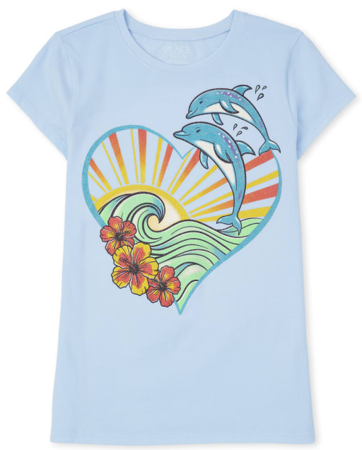 Camiseta de manga corta con gráfico de delfín para niñas
