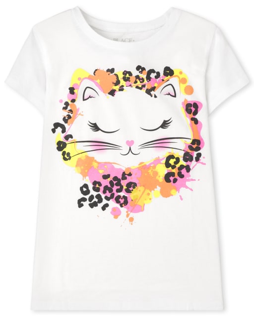 Camiseta de manga corta con gráfico de gato para niñas