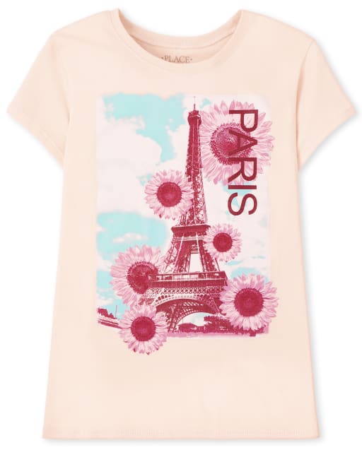 Camiseta de manga corta con estampado de París para niñas