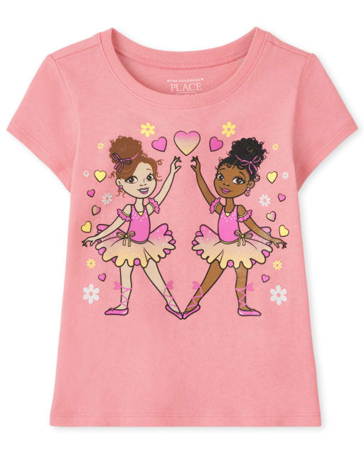 Camiseta estampada de bailarina de manga corta para bebés y niñas pequeñas